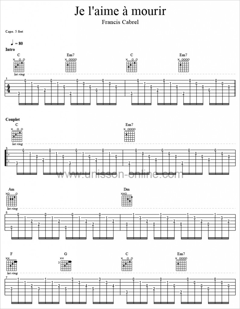 Comment On Dit Je T'aime En Manouche Je l'aime à mourir Tab Guitar Pro - Francis Cabrel - UNISSON ONLINE